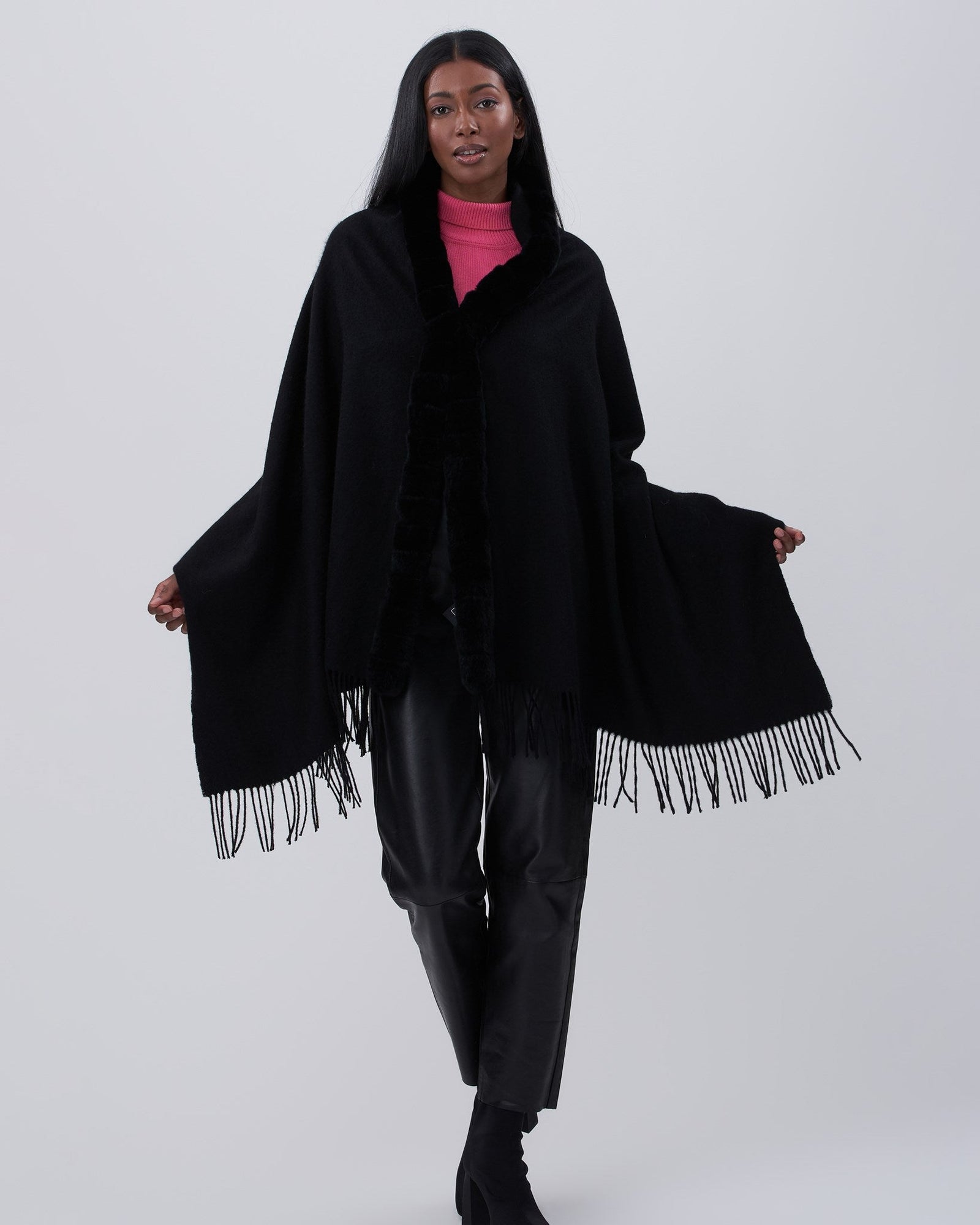 Cashmere Stole With Rex Rabbit Square Trim | Black