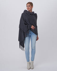 Cashmere Stole With Rex Rabbit Square Trim | Women | Dark Gray