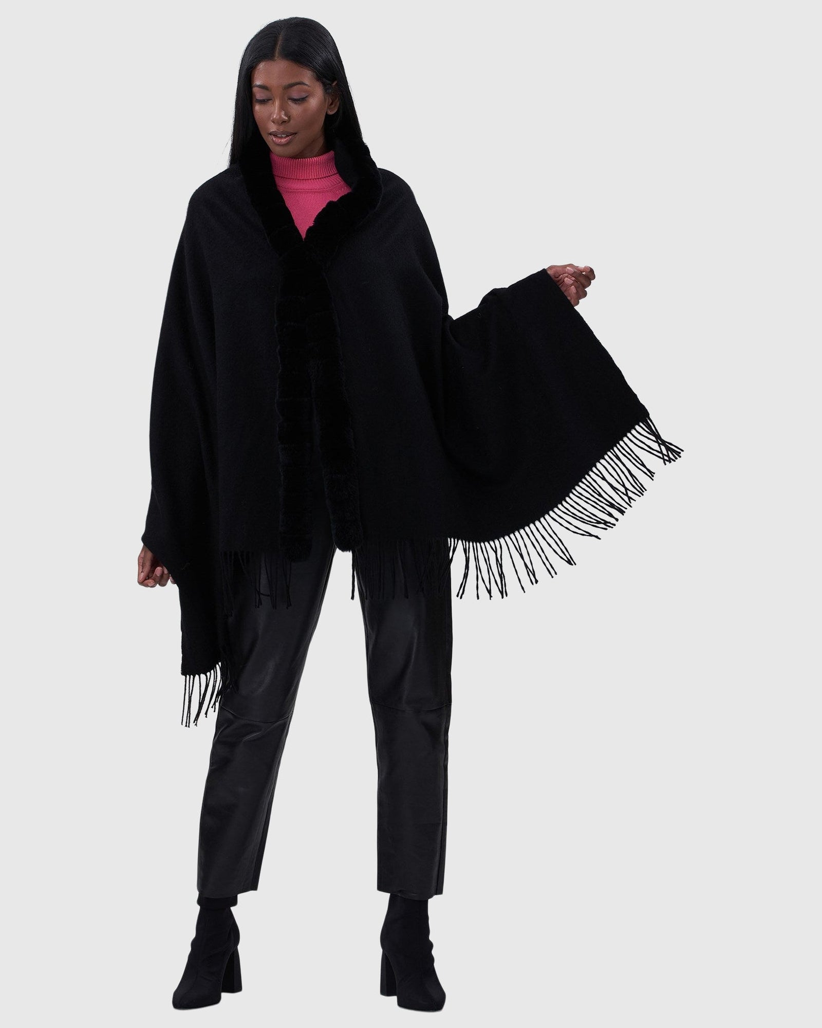 Cashmere Stole With Rex Rabbit Square Trim | Black