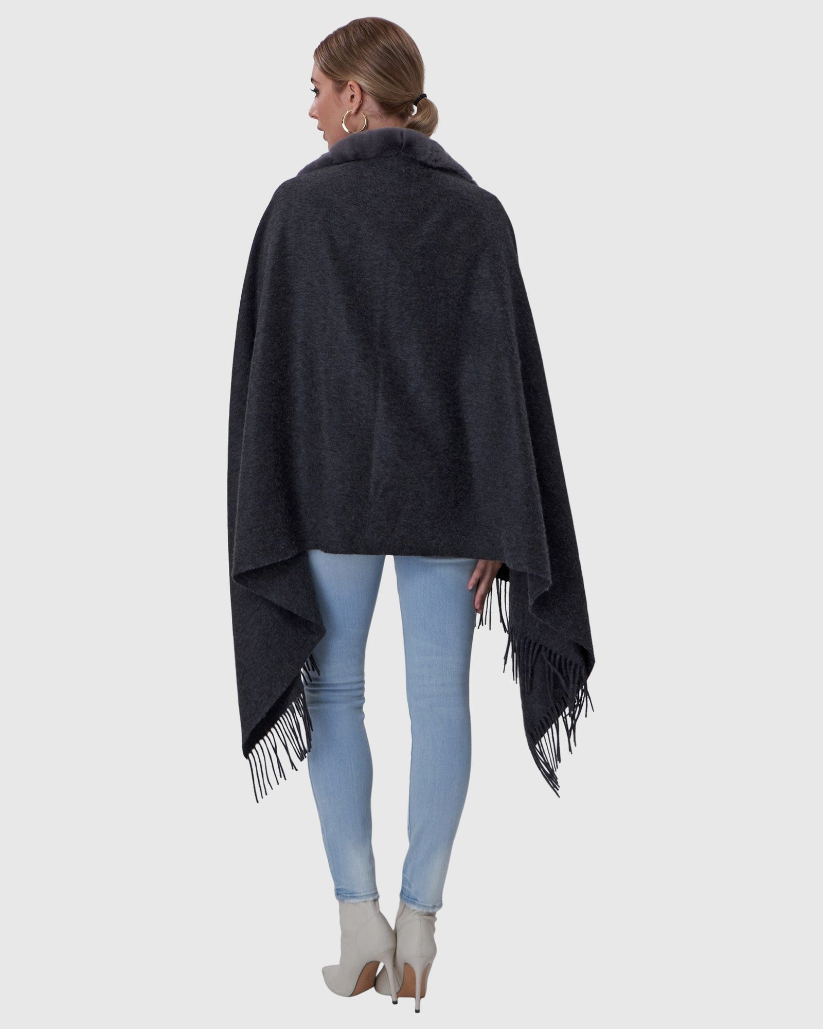 Cashmere Stole With Rex Rabbit Square Trim | Dark Gray