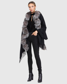 Cashmere Stole With Silver Fox And Cashmere Fringes | Black/Silver
