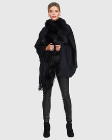 Cashmere Stole With Silver Fox And Cashmere Fringes | Black