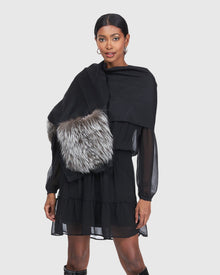 Cashmere Stole With Silver Fox Fur Patch Pockets | Black/Silver