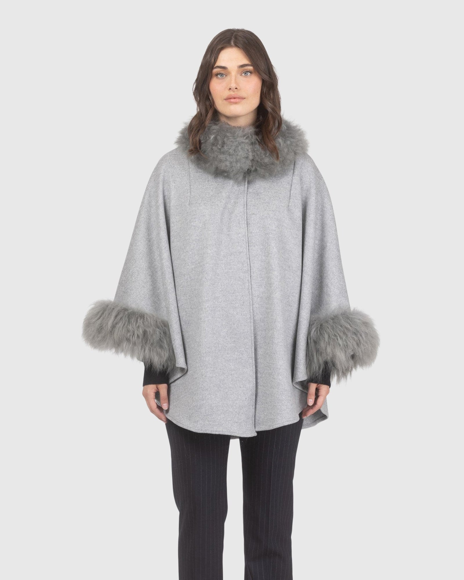 Cashmere & Wool Cape with Select Lamb Trim | Gray