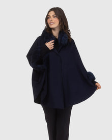 Cashmere & Wool Cape with Select Lamb Trim | Navy