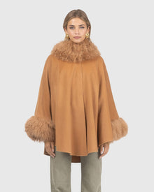 Cashmere & Wool Cape with Select Lamb Trim | Camel