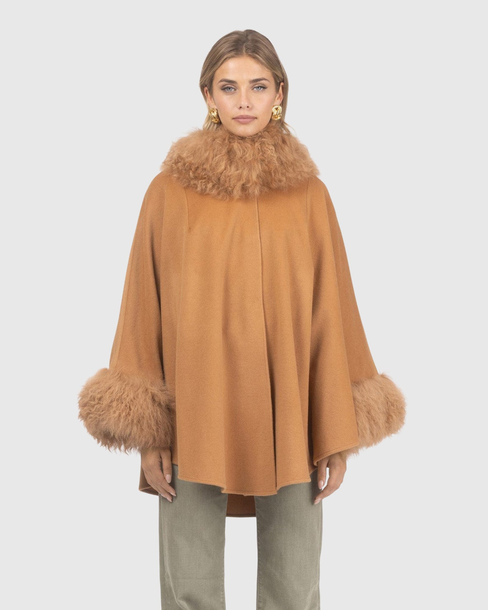 Cashmere & Wool Cape with Select Lamb Trim | Camel