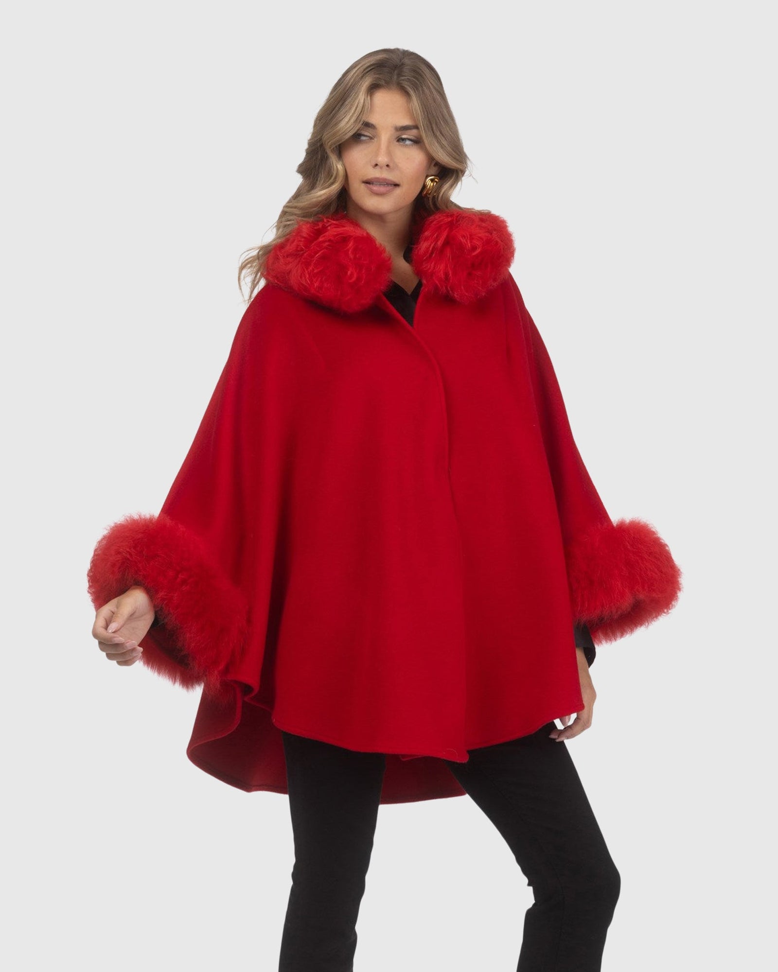 Cashmere & Wool Cape with Select Lamb Trim | Red