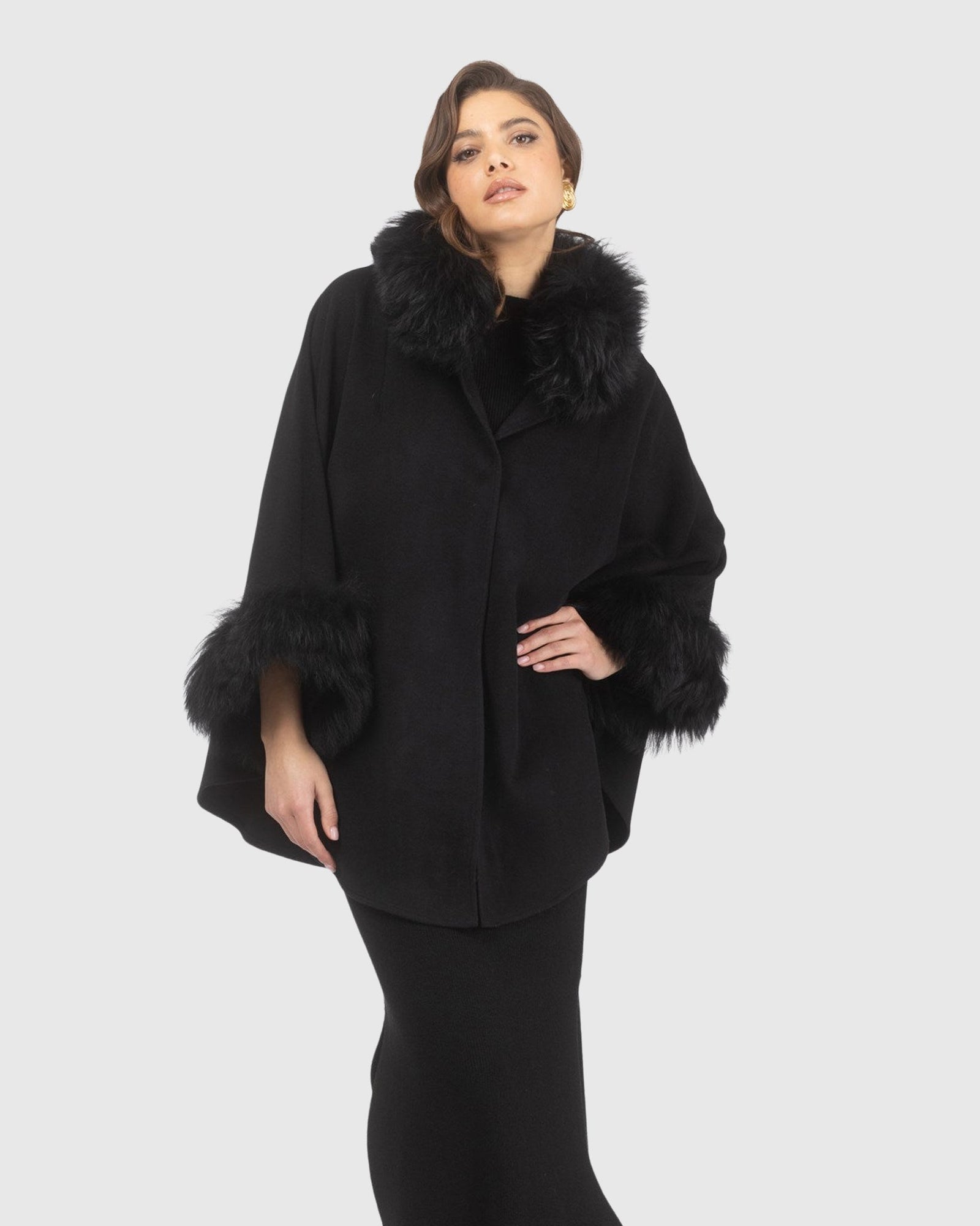 Cashmere & Wool Cape with Select Lamb Trim | Black