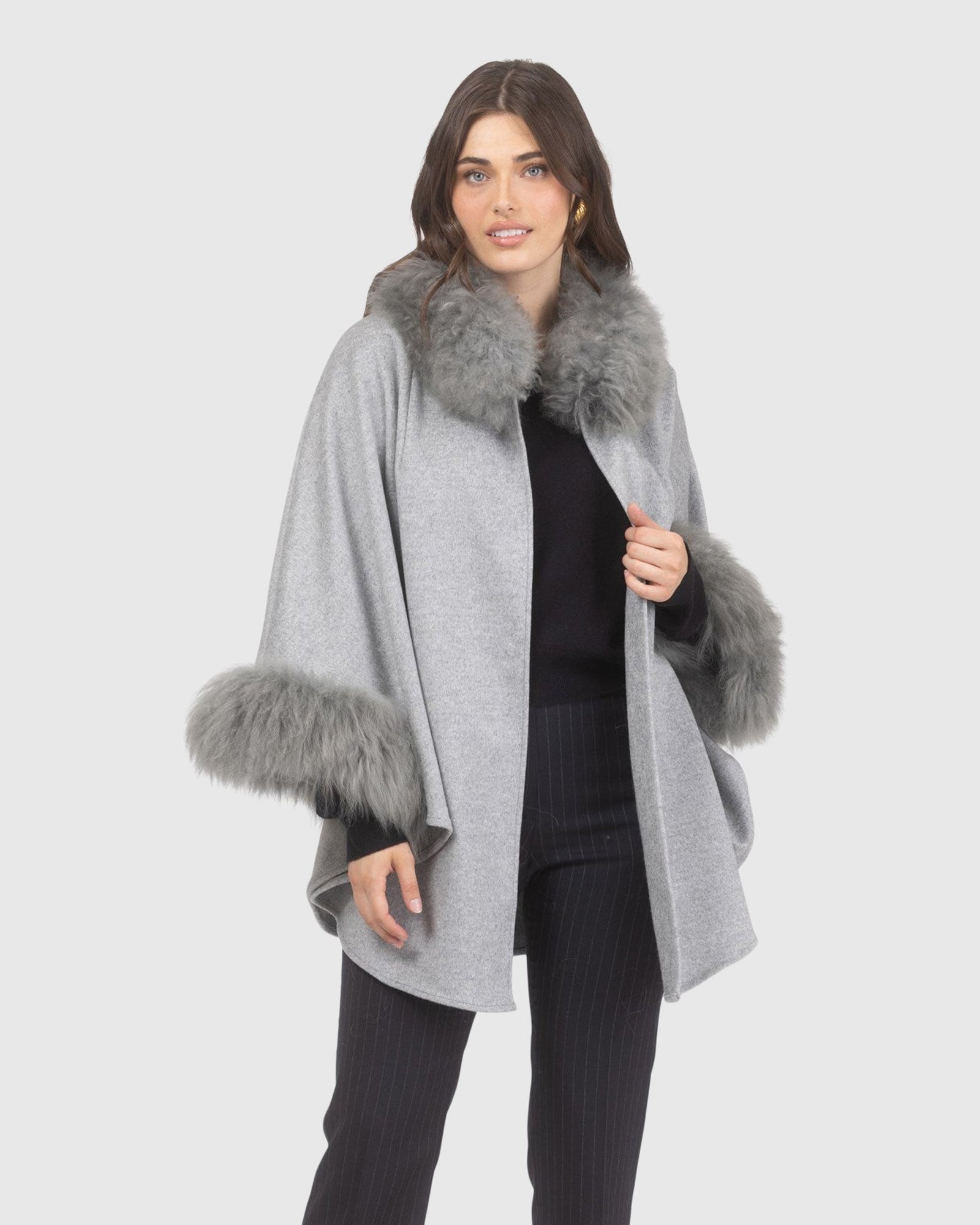 Cashmere & Wool Cape with Select Lamb Trim | Gray