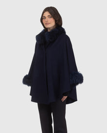 Cashmere & Wool Cape with Select Lamb Trim | Navy