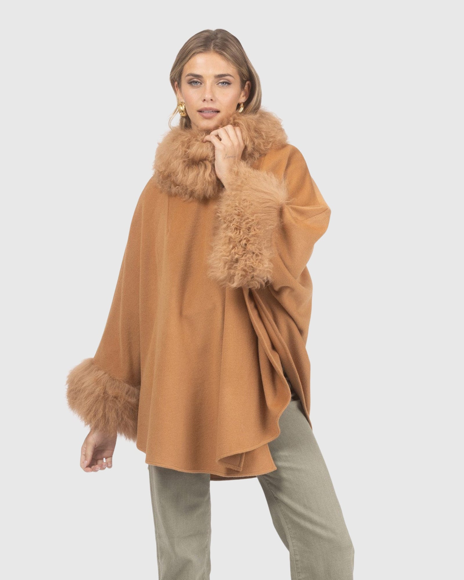 Cashmere & Wool Cape with Select Lamb Trim | Camel