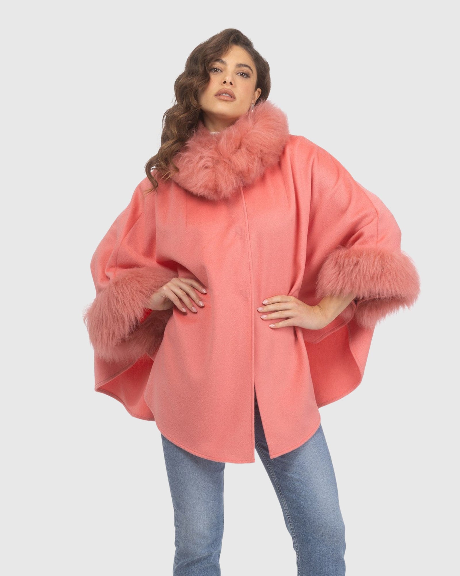 Cashmere & Wool Cape with Select Lamb Trim | Coral