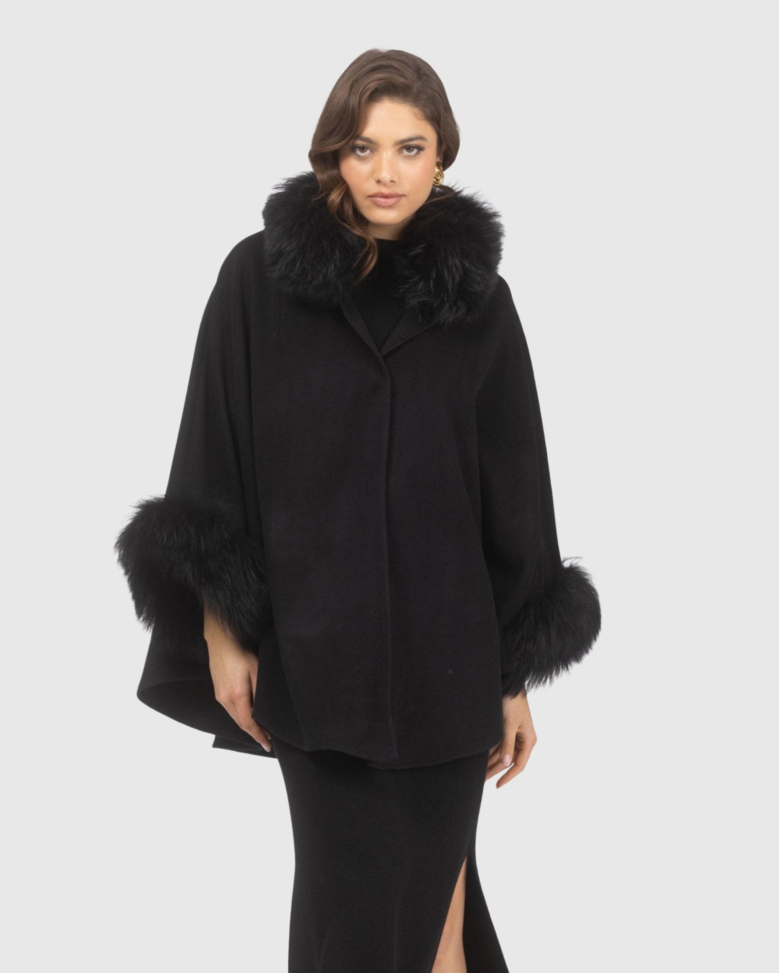 Cashmere & Wool Cape with Select Lamb Trim | Black