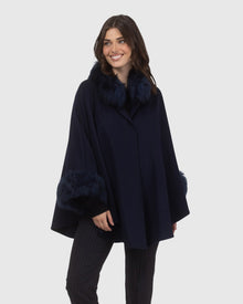 Cashmere & Wool Cape with Select Lamb Trim | Navy