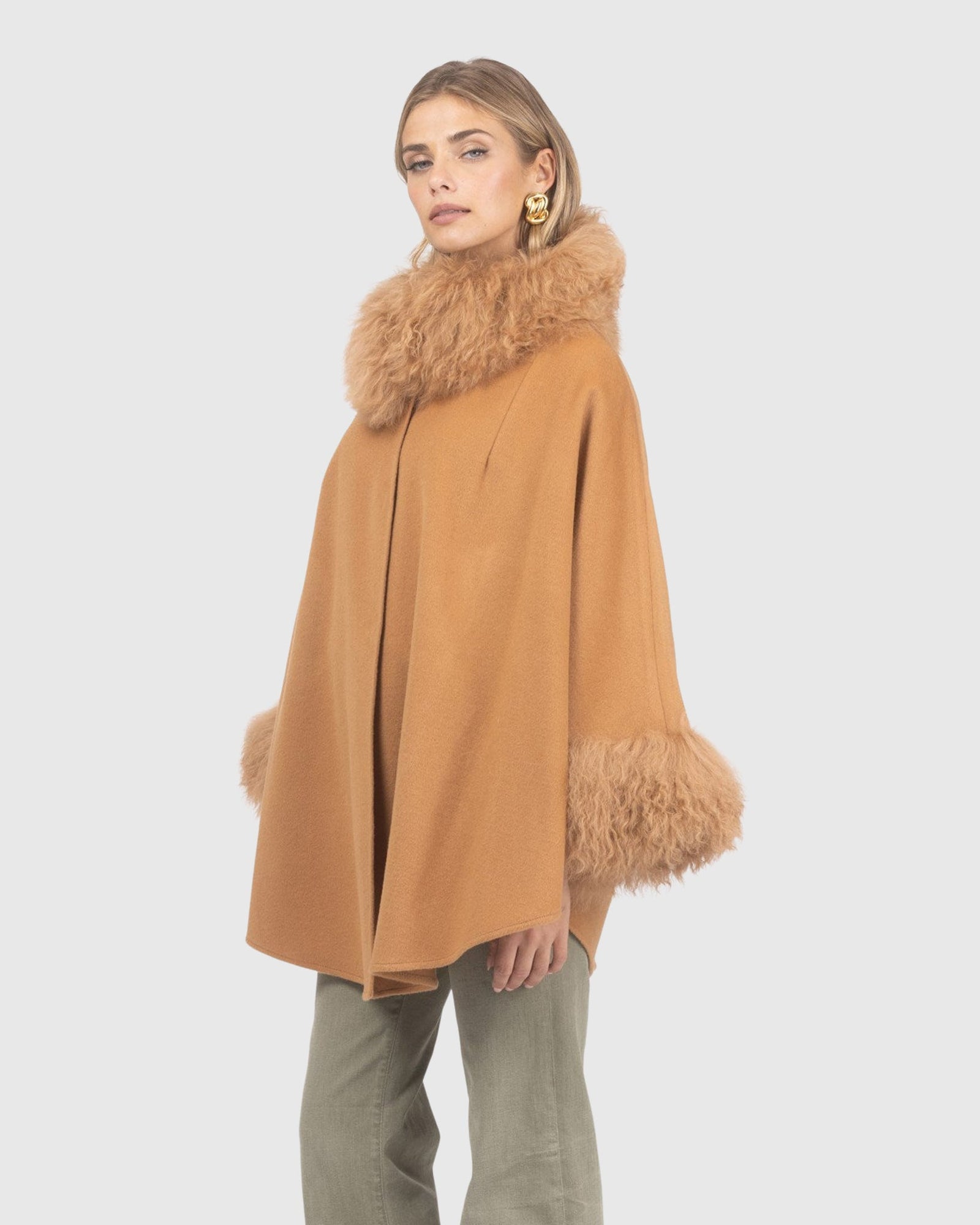 Cashmere & Wool Cape with Select Lamb Trim | Camel