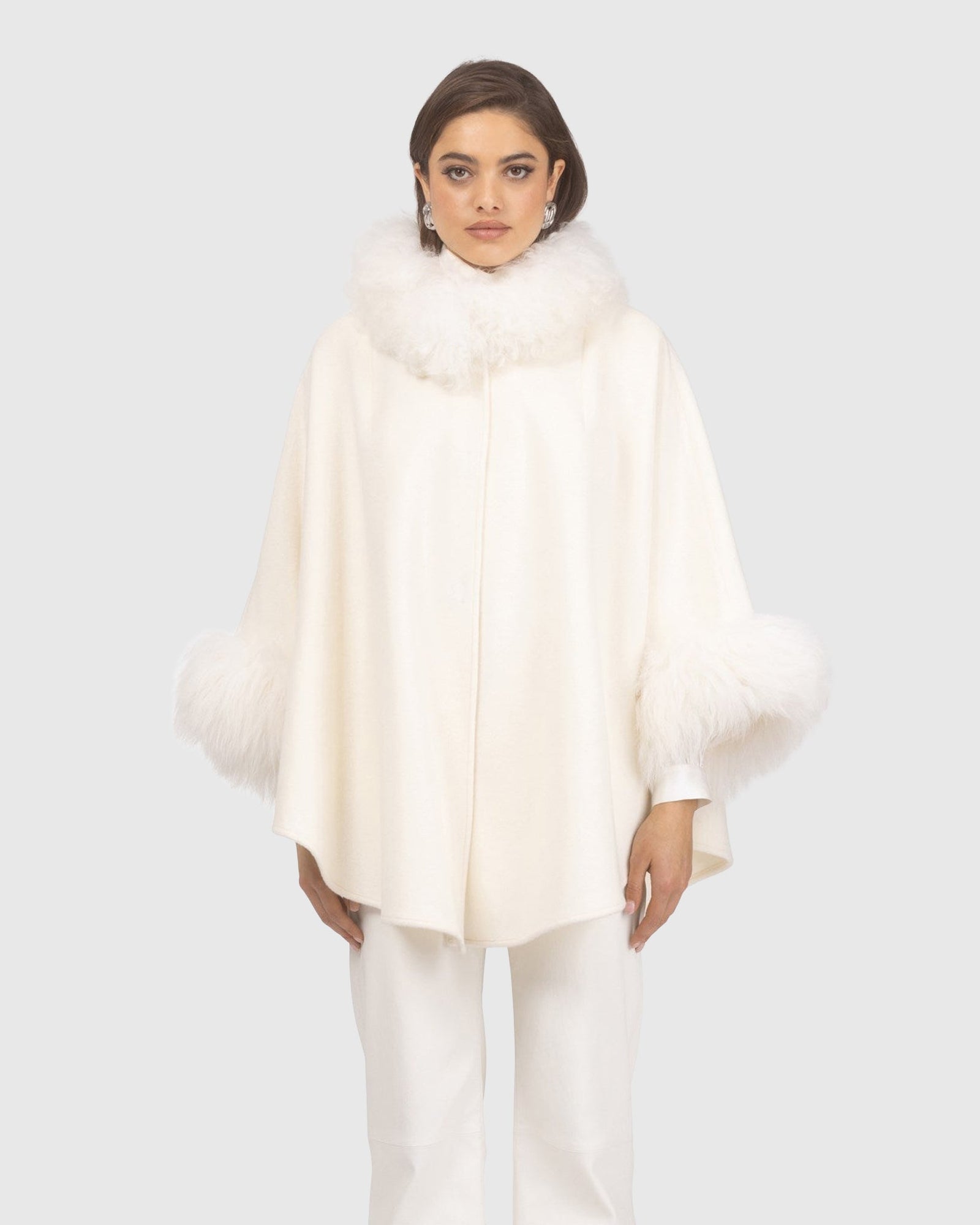Cashmere & Wool Cape with Select Lamb Trim | Ivory