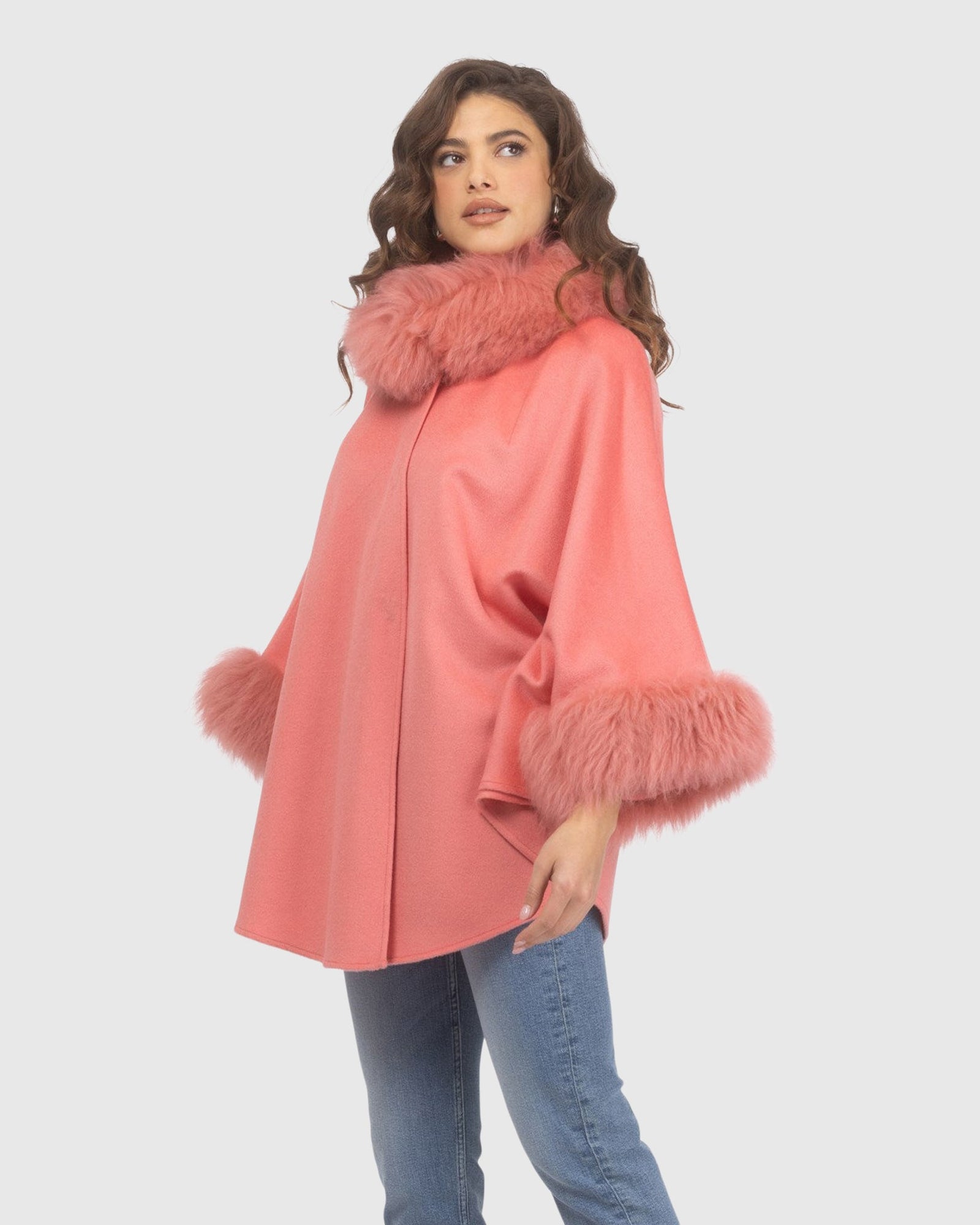 Cashmere & Wool Cape with Select Lamb Trim | Coral