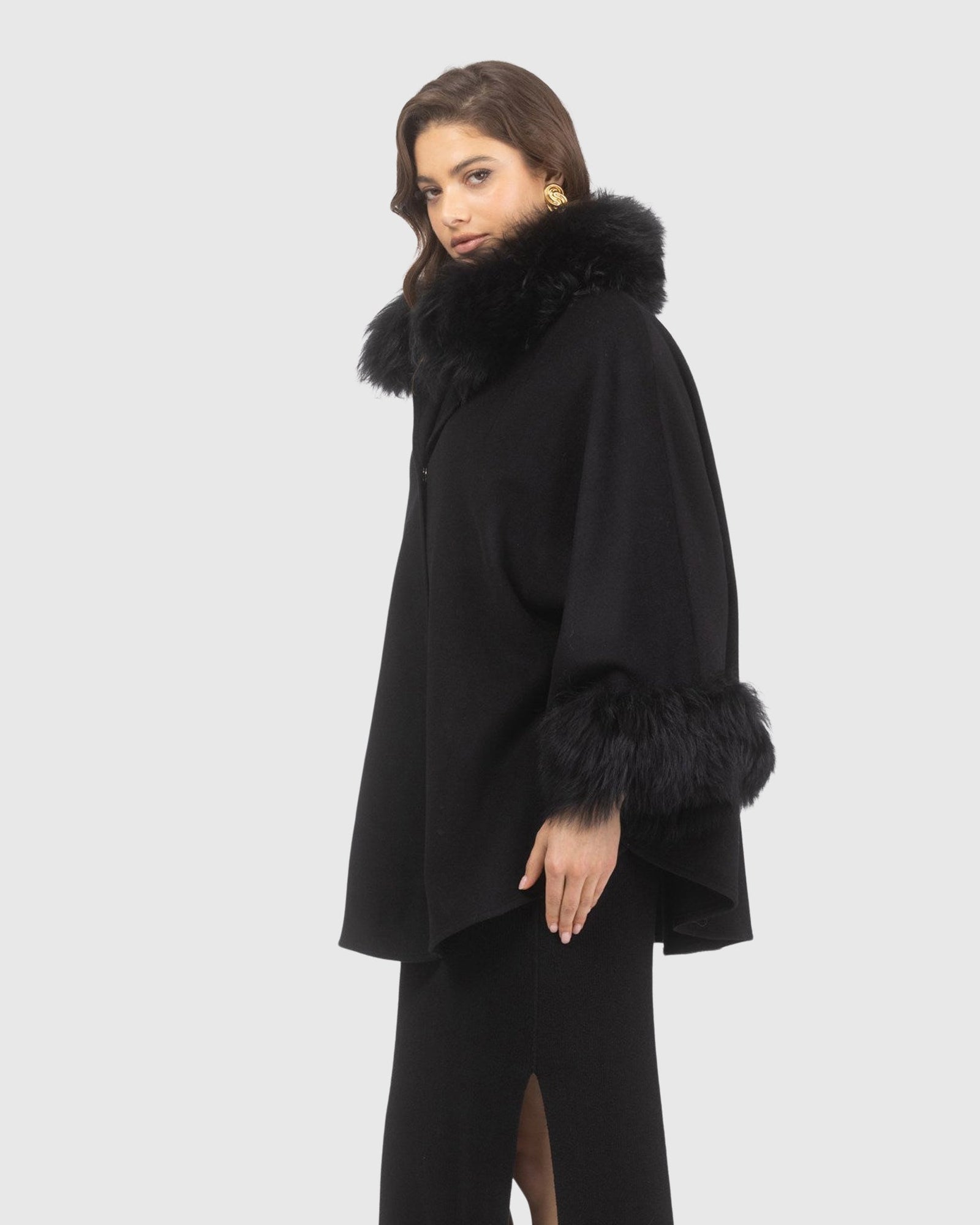 Cashmere & Wool Cape with Select Lamb Trim | Black