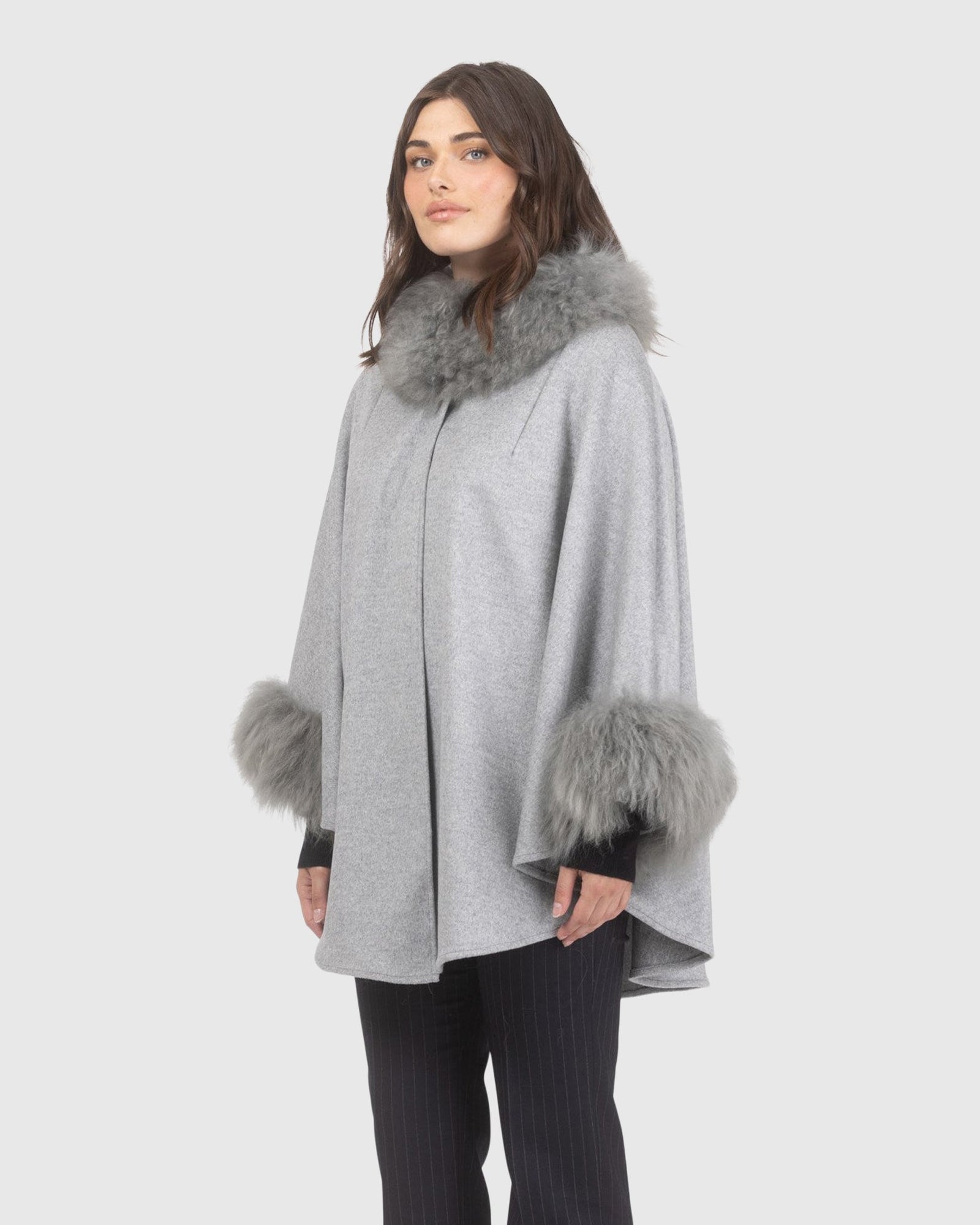 Cashmere & Wool Cape with Select Lamb Trim | Gray