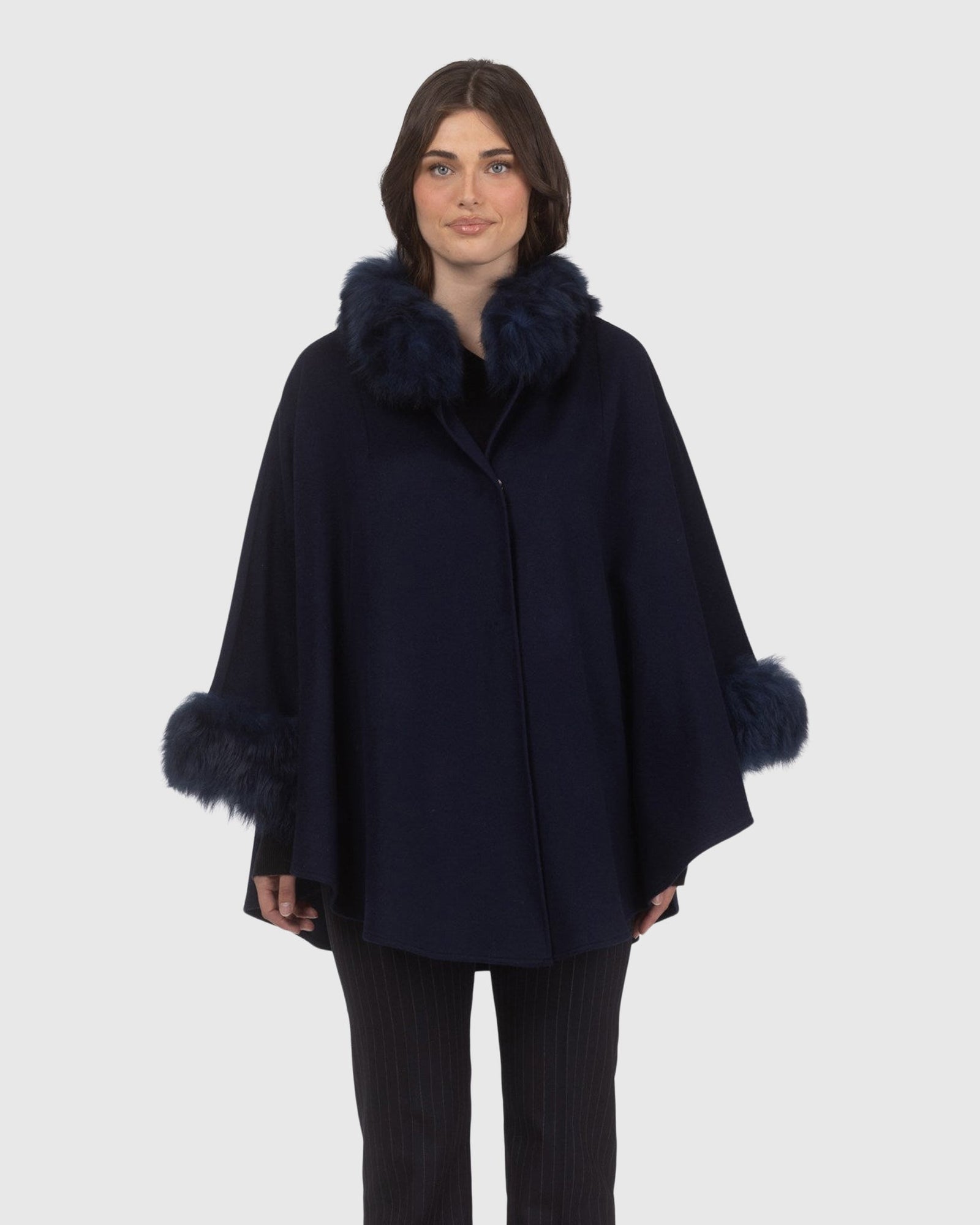 Cashmere & Wool Cape with Select Lamb Trim | Navy