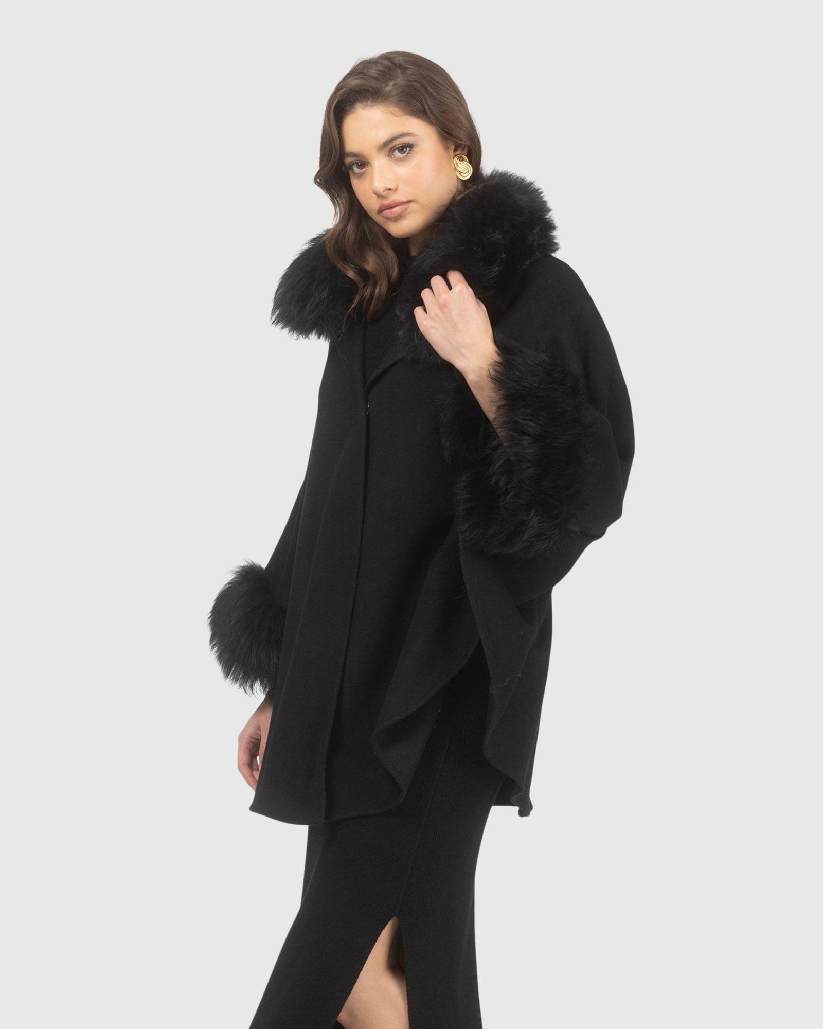 Cashmere & Wool Cape with Select Lamb Trim | Black