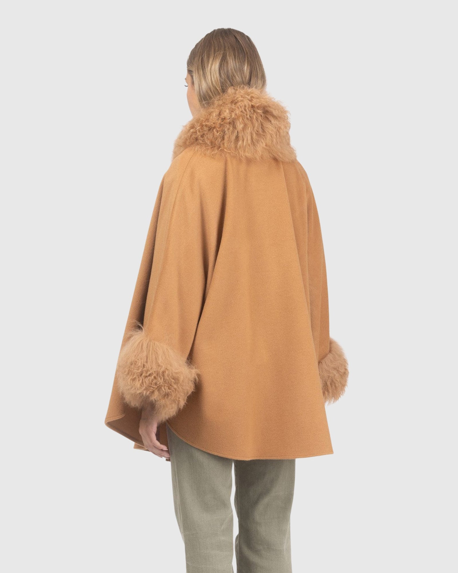 Cashmere & Wool Cape with Select Lamb Trim | Camel
