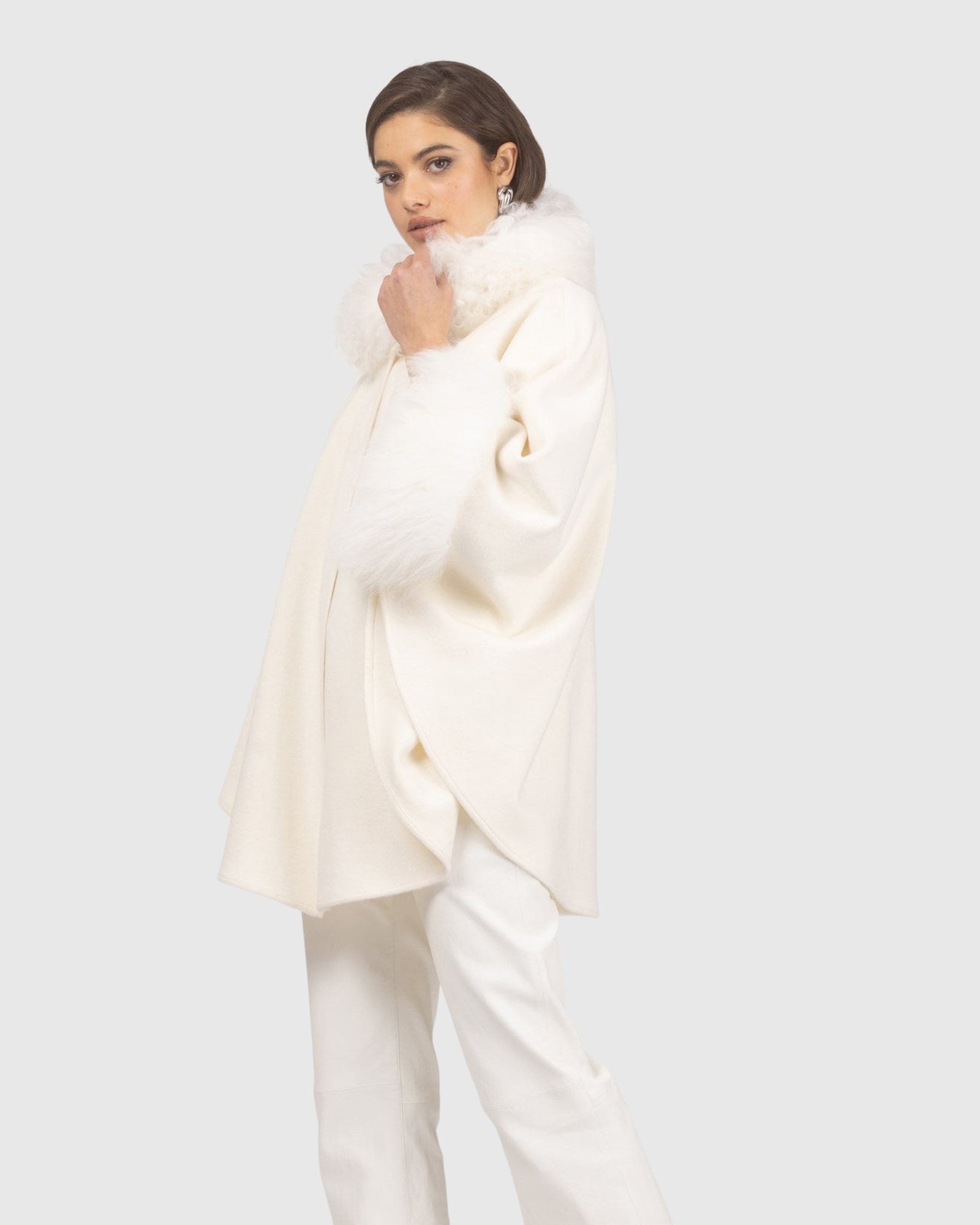 Cashmere & Wool Cape with Select Lamb Trim | Ivory