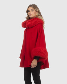 Cashmere & Wool Cape with Select Lamb Trim | Red