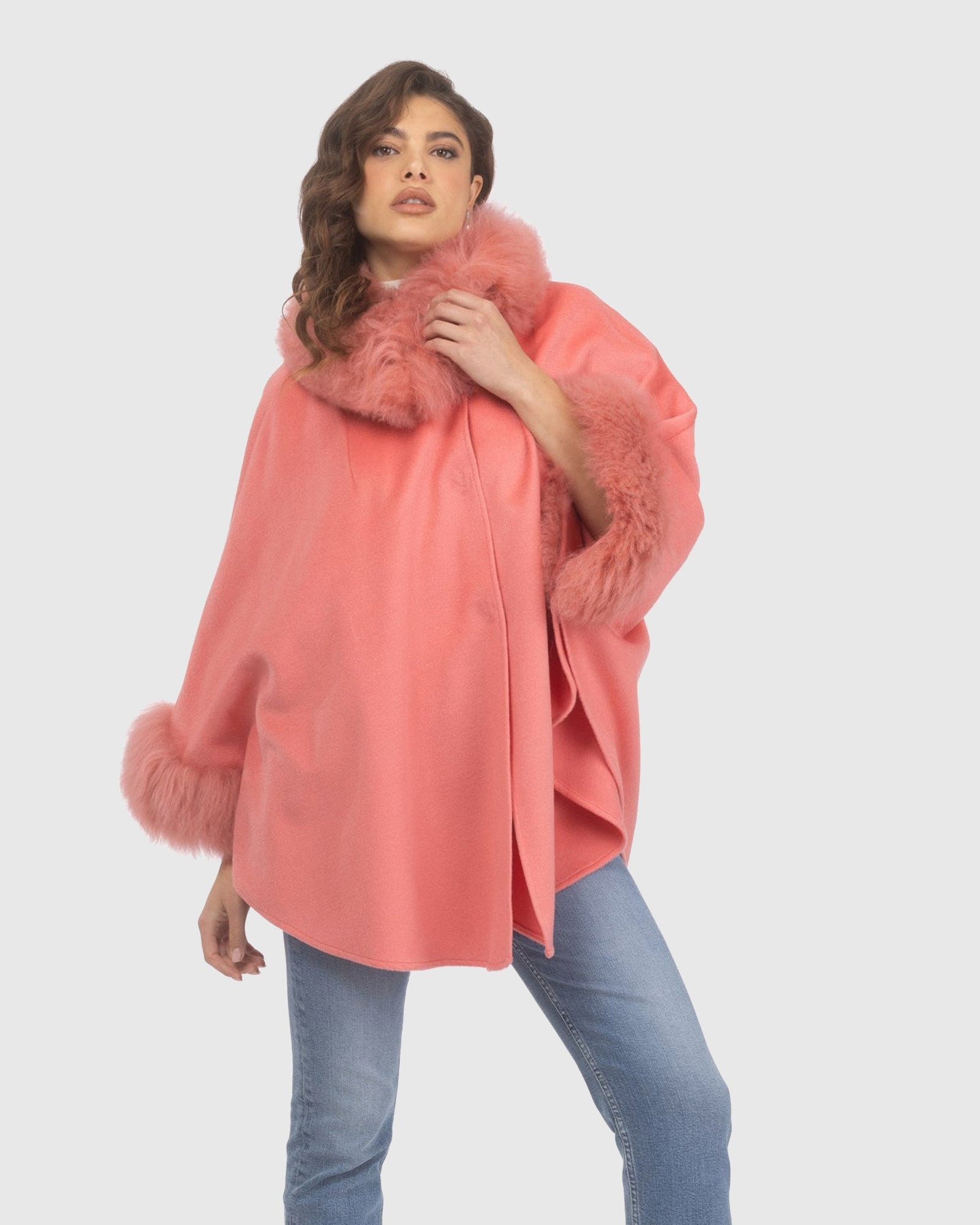 Cashmere & Wool Cape with Select Lamb Trim | Coral