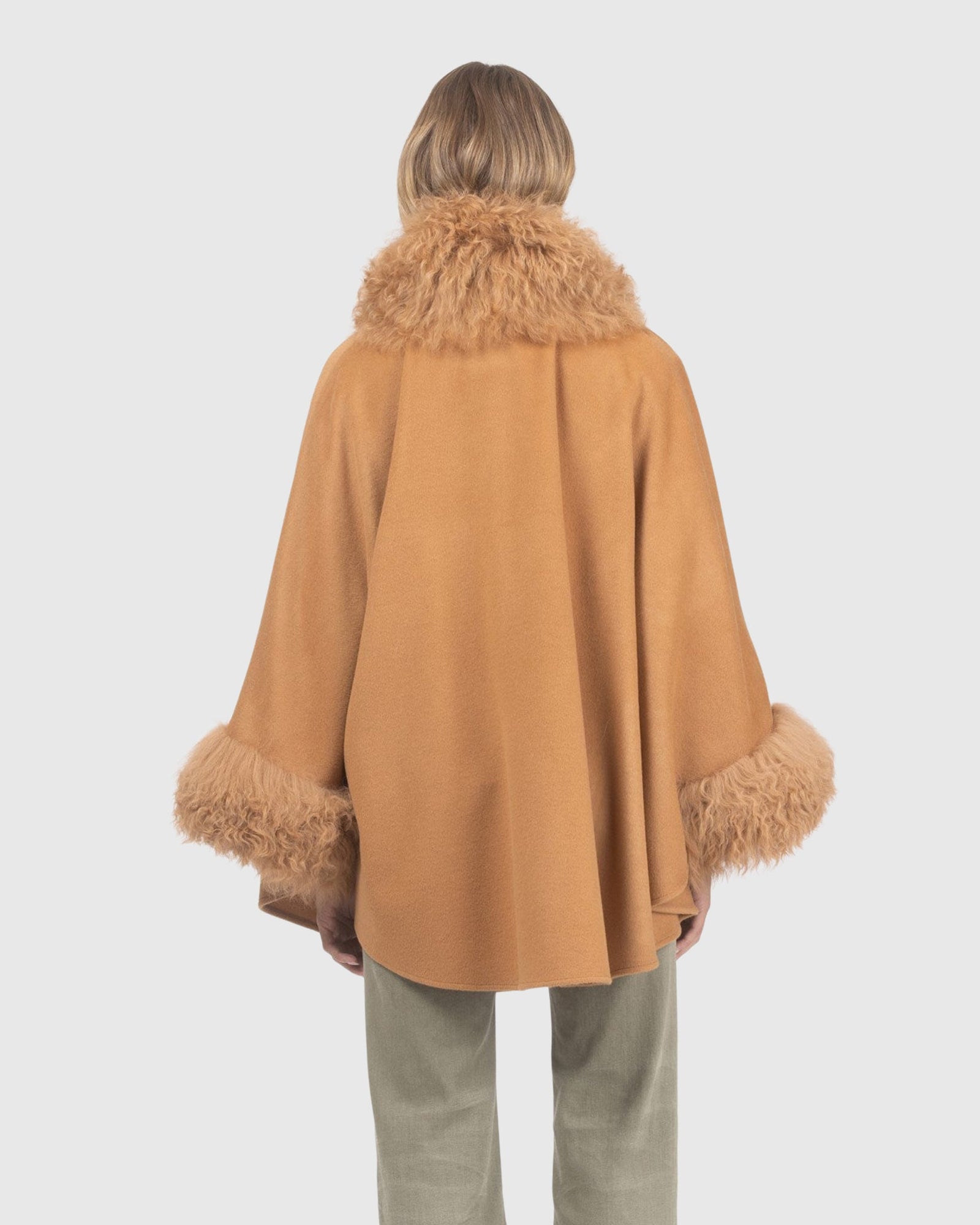 Cashmere & Wool Cape with Select Lamb Trim | Camel