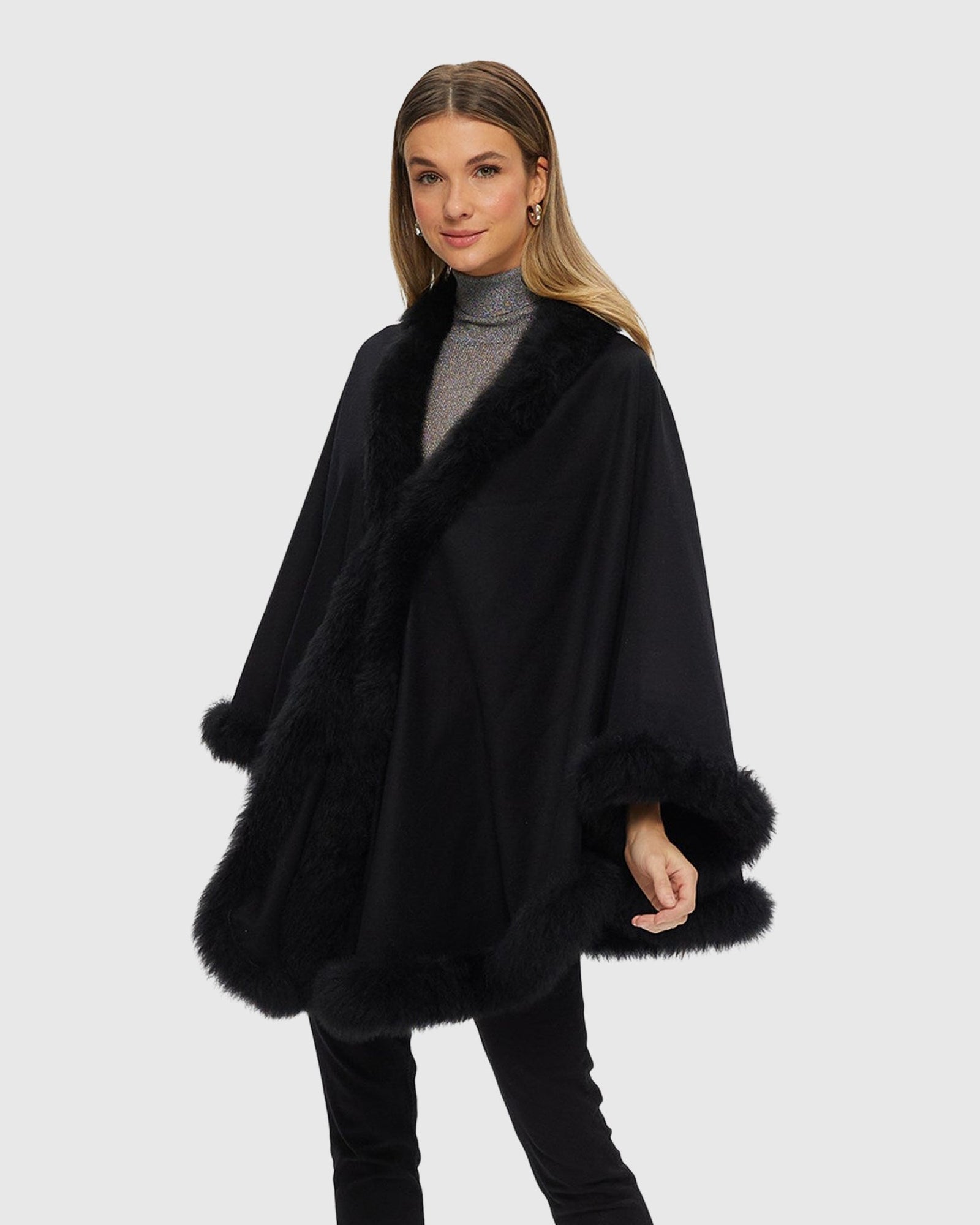 Cashmere & Wool Cape with Toscana Shearling Lamb Trim | Black
