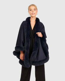Cashmere & Wool Cape with Toscana Shearling Lamb Trim | Navy
