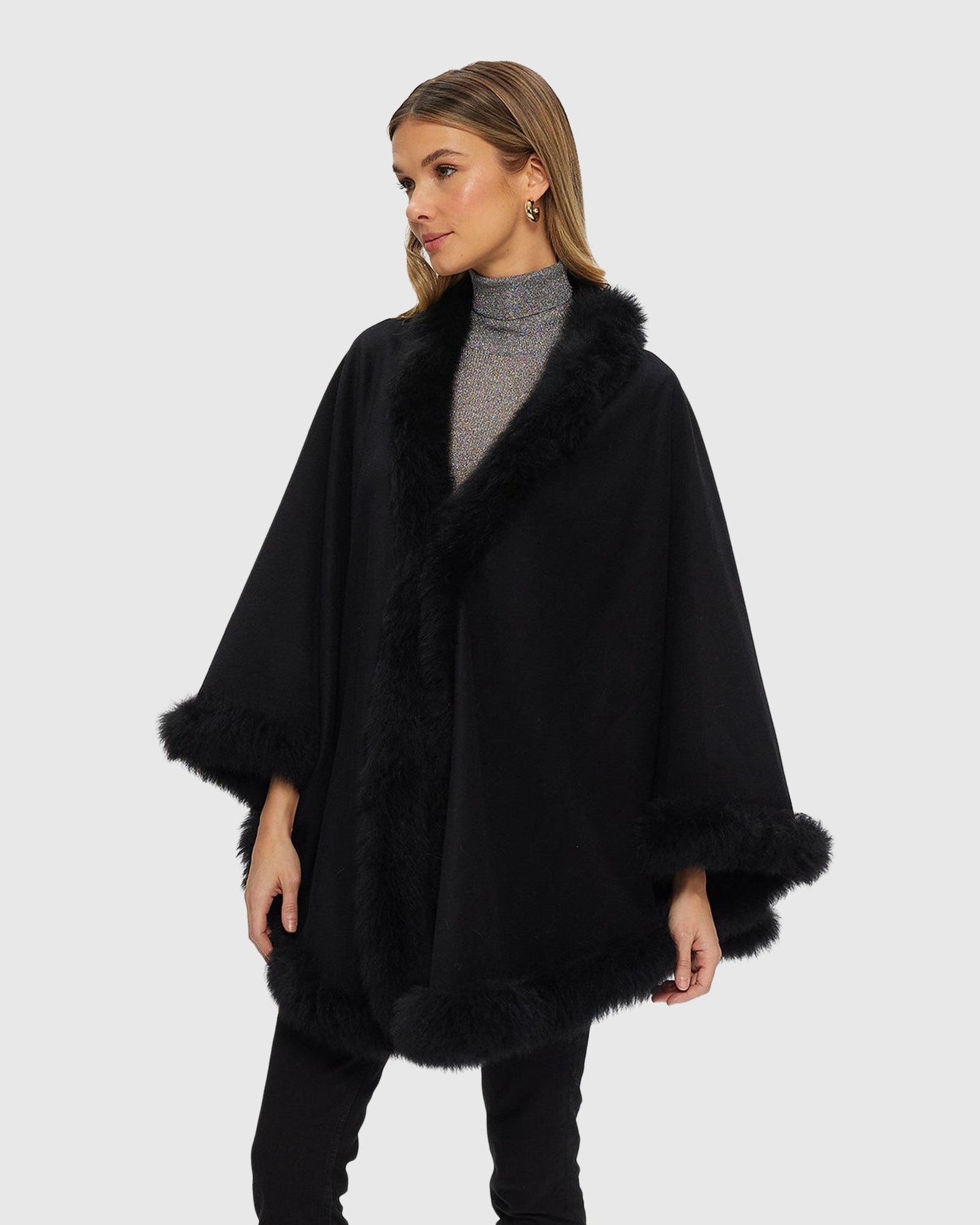Cashmere & Wool Cape with Toscana Shearling Lamb Trim | Black