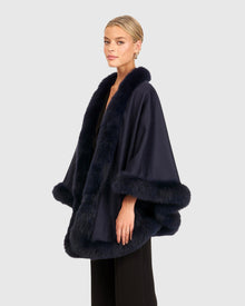 Cashmere & Wool Cape with Toscana Shearling Lamb Trim | Navy