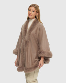 Cashmere & Wool Cape with Toscana Shearling Lamb Trim | Light Sand