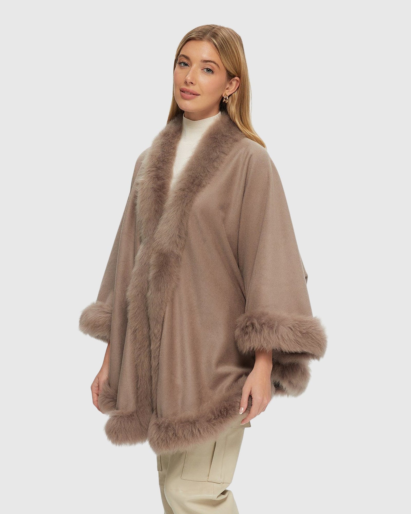 Cashmere & Wool Cape with Toscana Shearling Lamb Trim | Light Sand