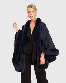 Cashmere & Wool Cape with Toscana Shearling Lamb Trim | Navy