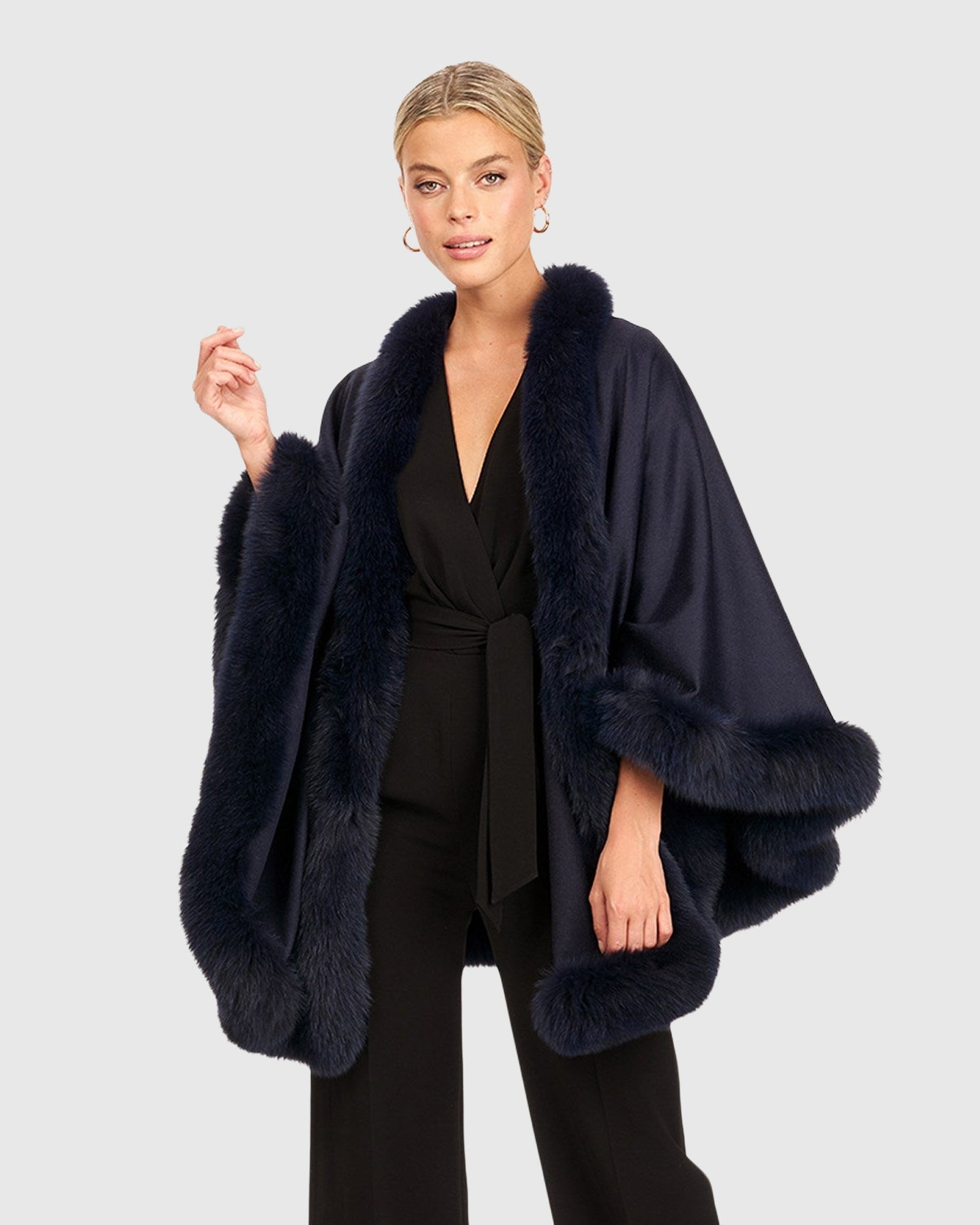 Cashmere & Wool Cape with Toscana Shearling Lamb Trim | Navy