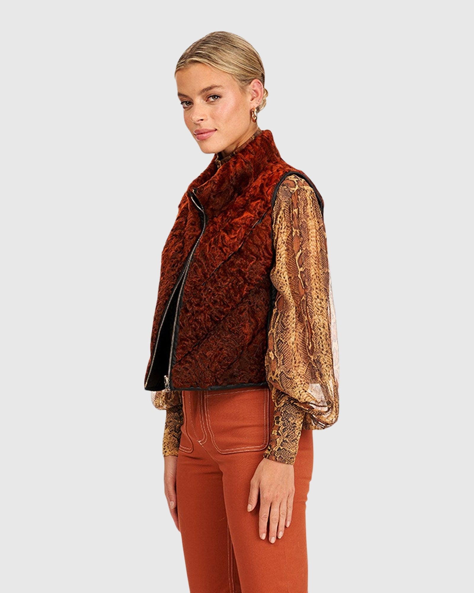 Chevron Lamb Vest Reversible To Down | Burnt Orange/Black