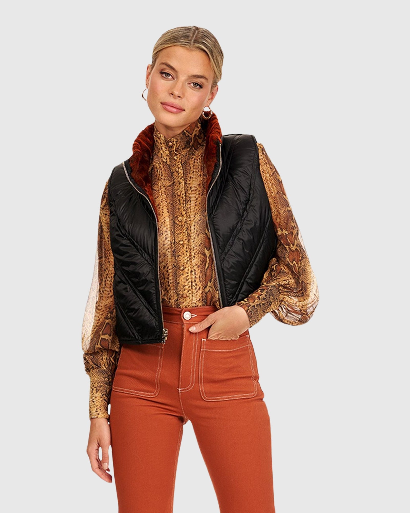 Chevron Lamb Vest Reversible To Down | Burnt Orange/Black