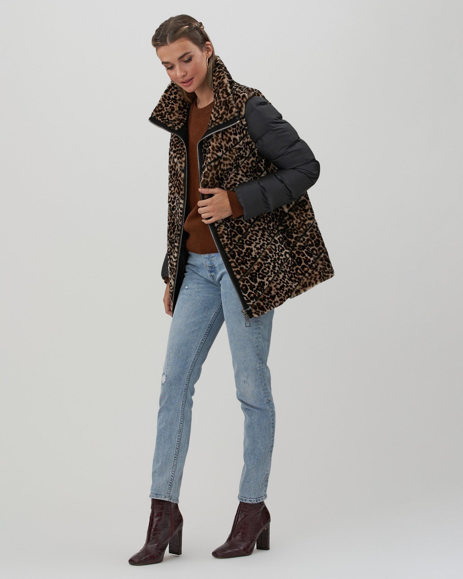 Chevron Shearling Lamb Jacket With Detachable Quilted Sleeves | Women | Mini Leopard