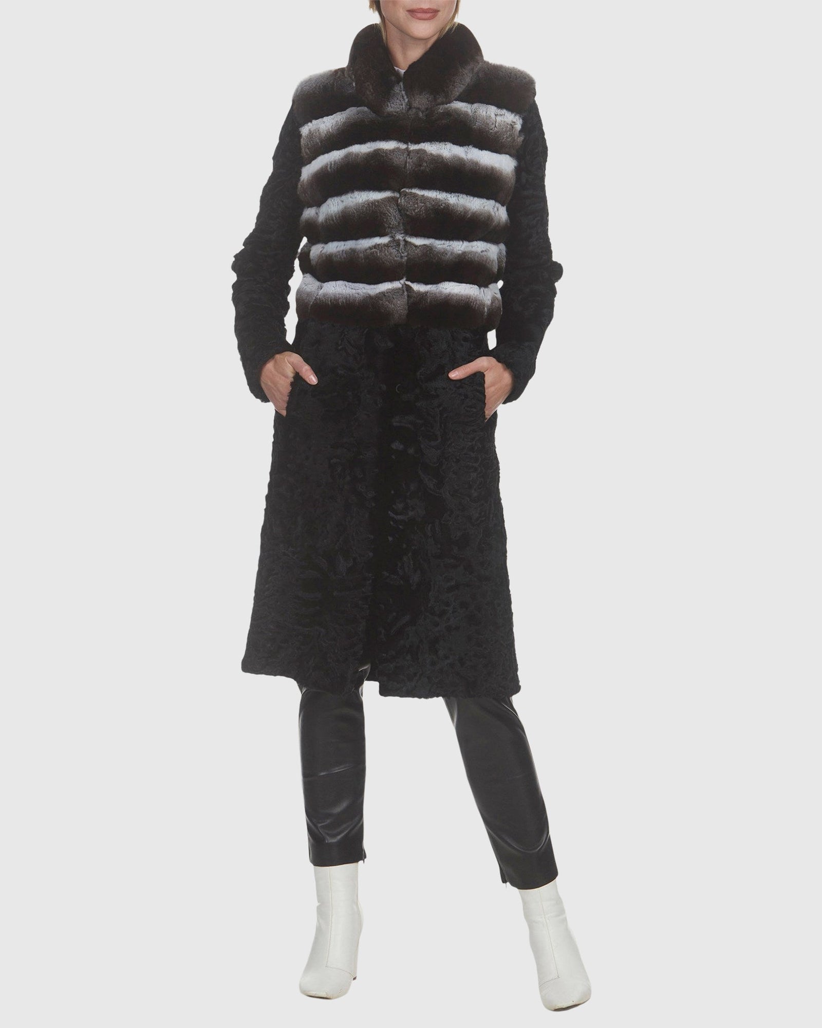 Chinchilla And Lamb Short Coat With Stand Collar | Gray/Black