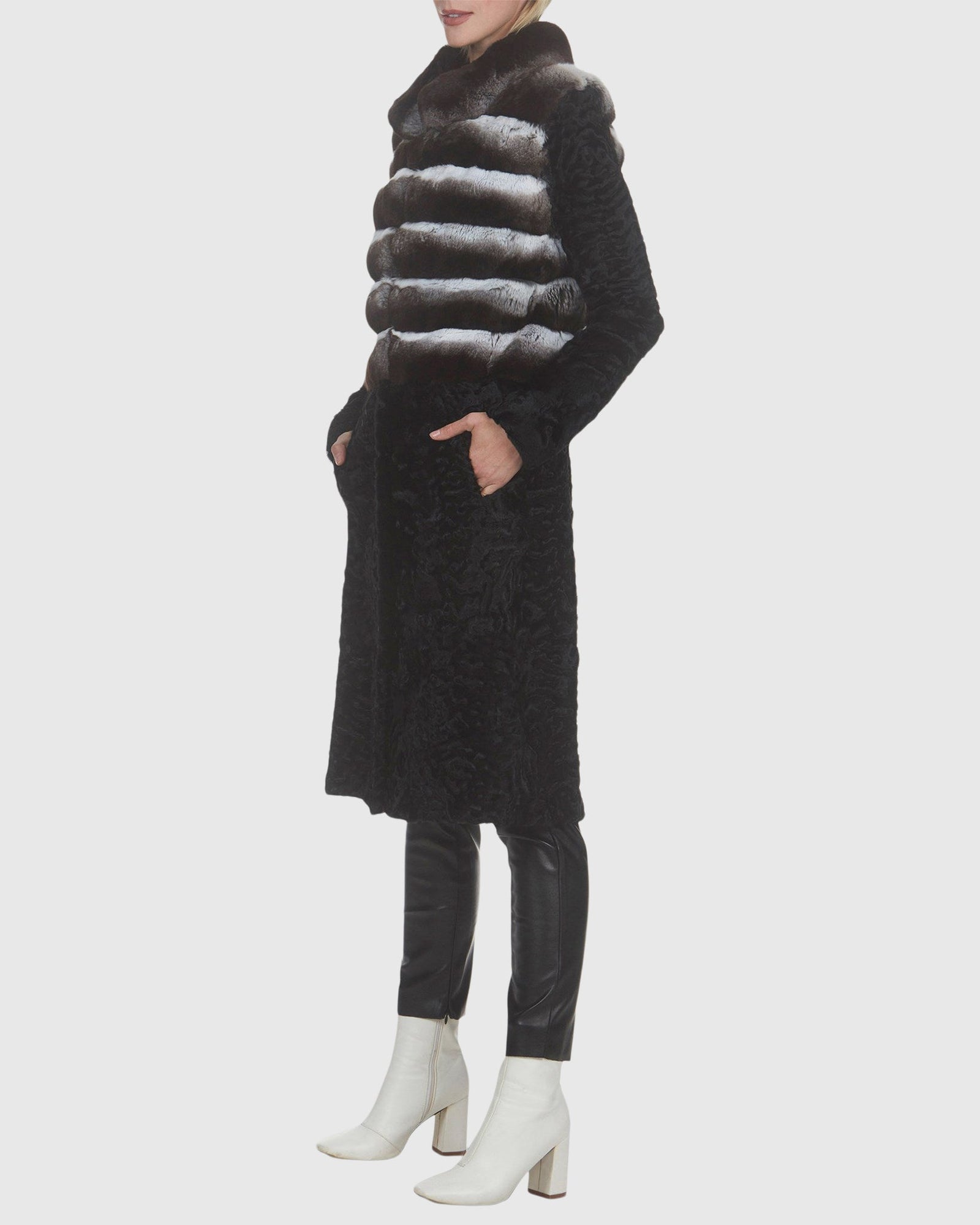 Chinchilla And Lamb Short Coat With Stand Collar | Gray/Black