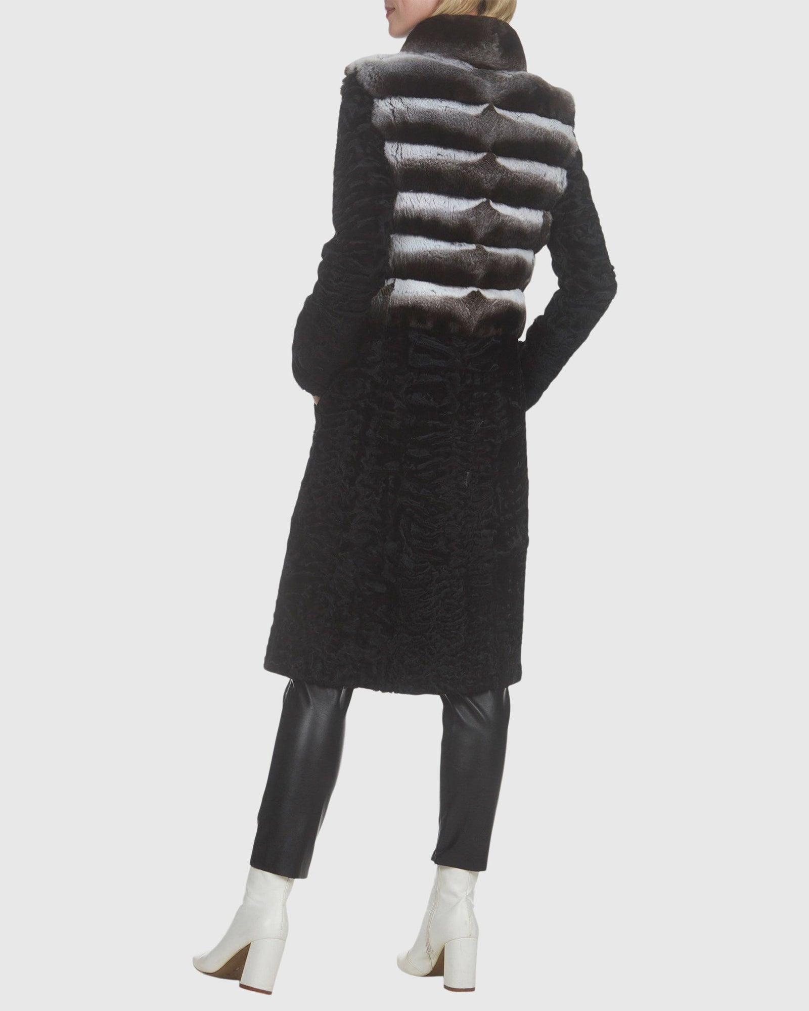 Chinchilla And Lamb Short Coat With Stand Collar | Gray/Black