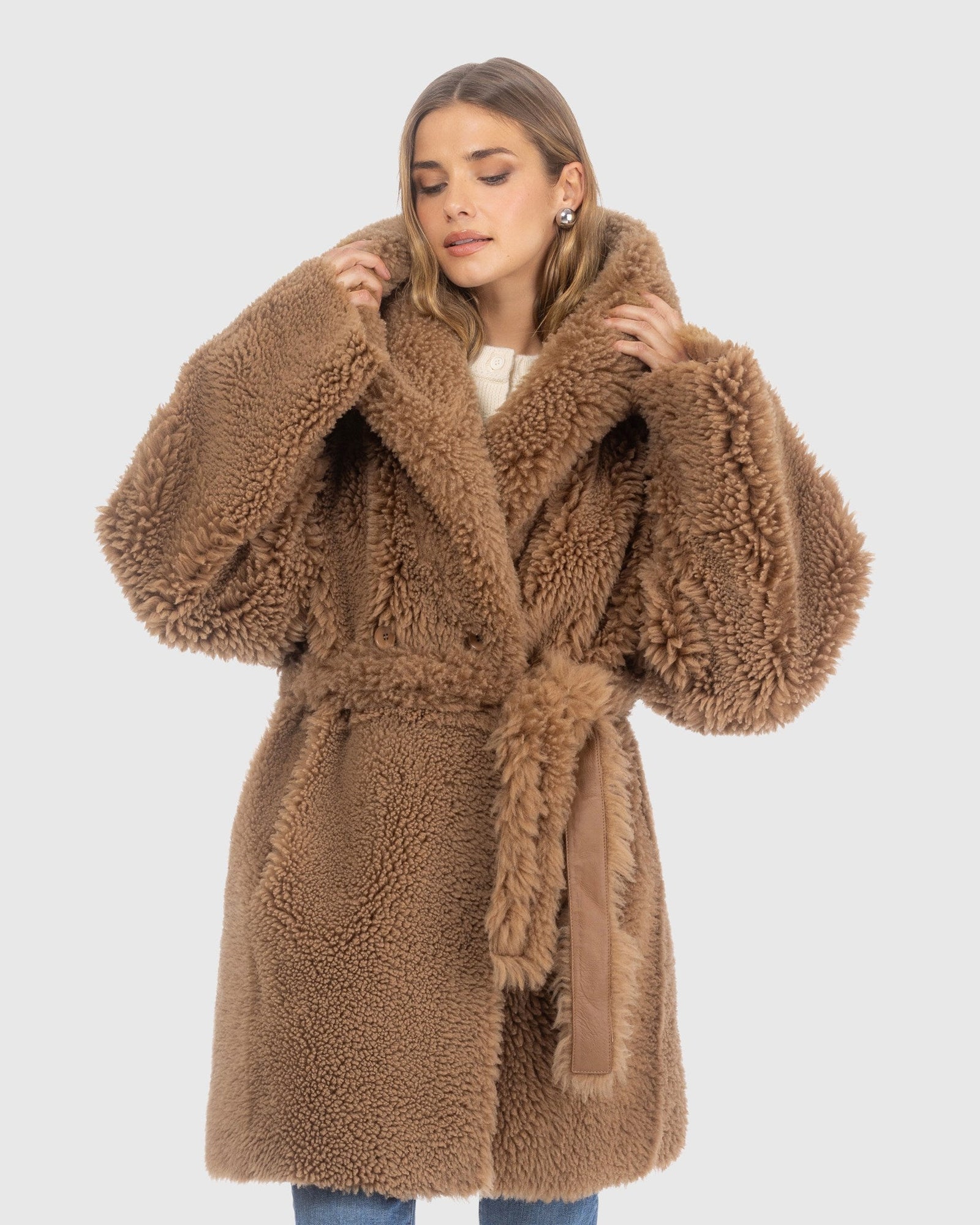 Curly Shearling Lamb Reversible Parka, Belt | Camel/Camel