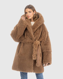 Curly Shearling Lamb Reversible Parka, Belt | Camel/Camel