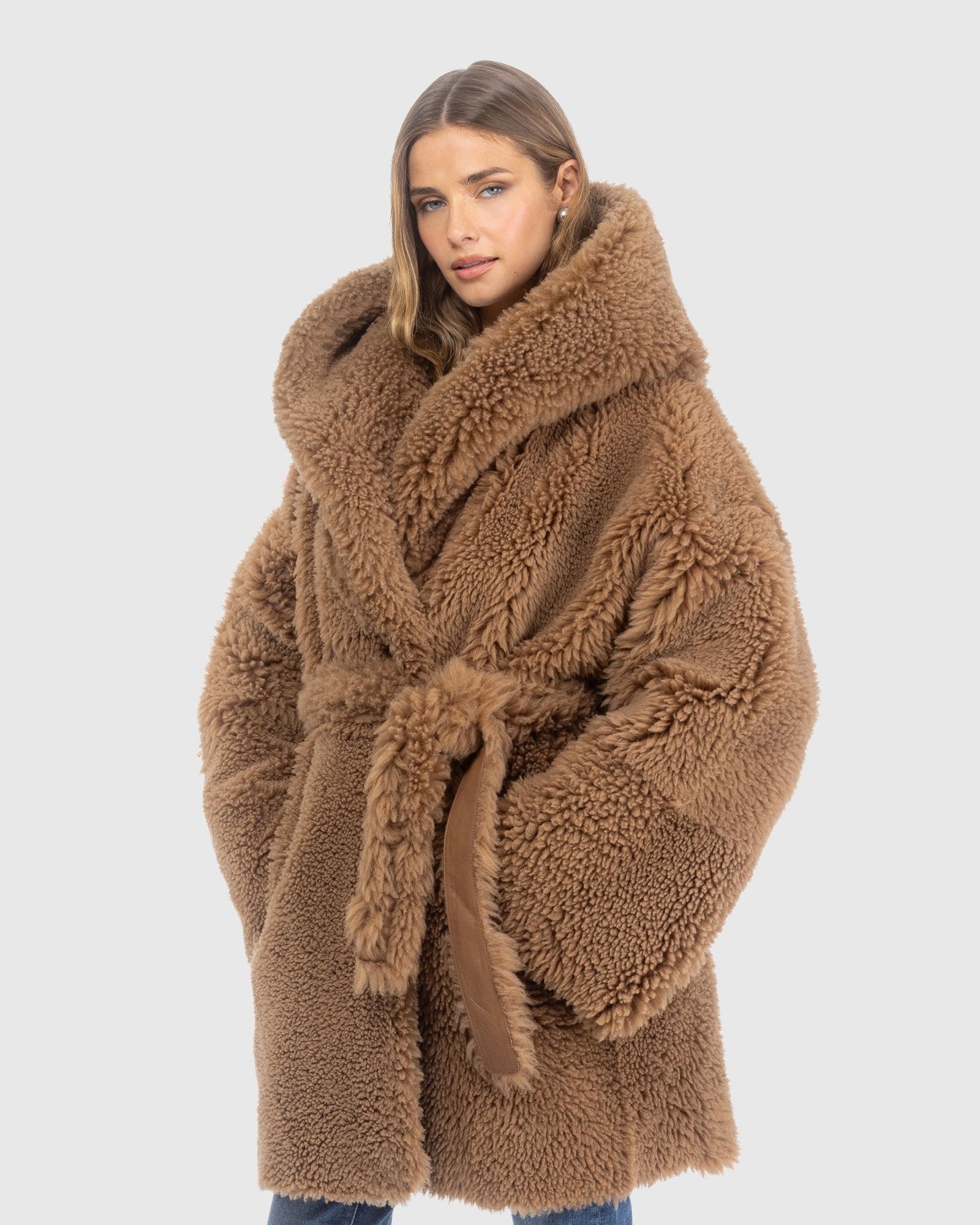Curly Shearling Lamb Reversible Parka, Belt | Camel/Camel