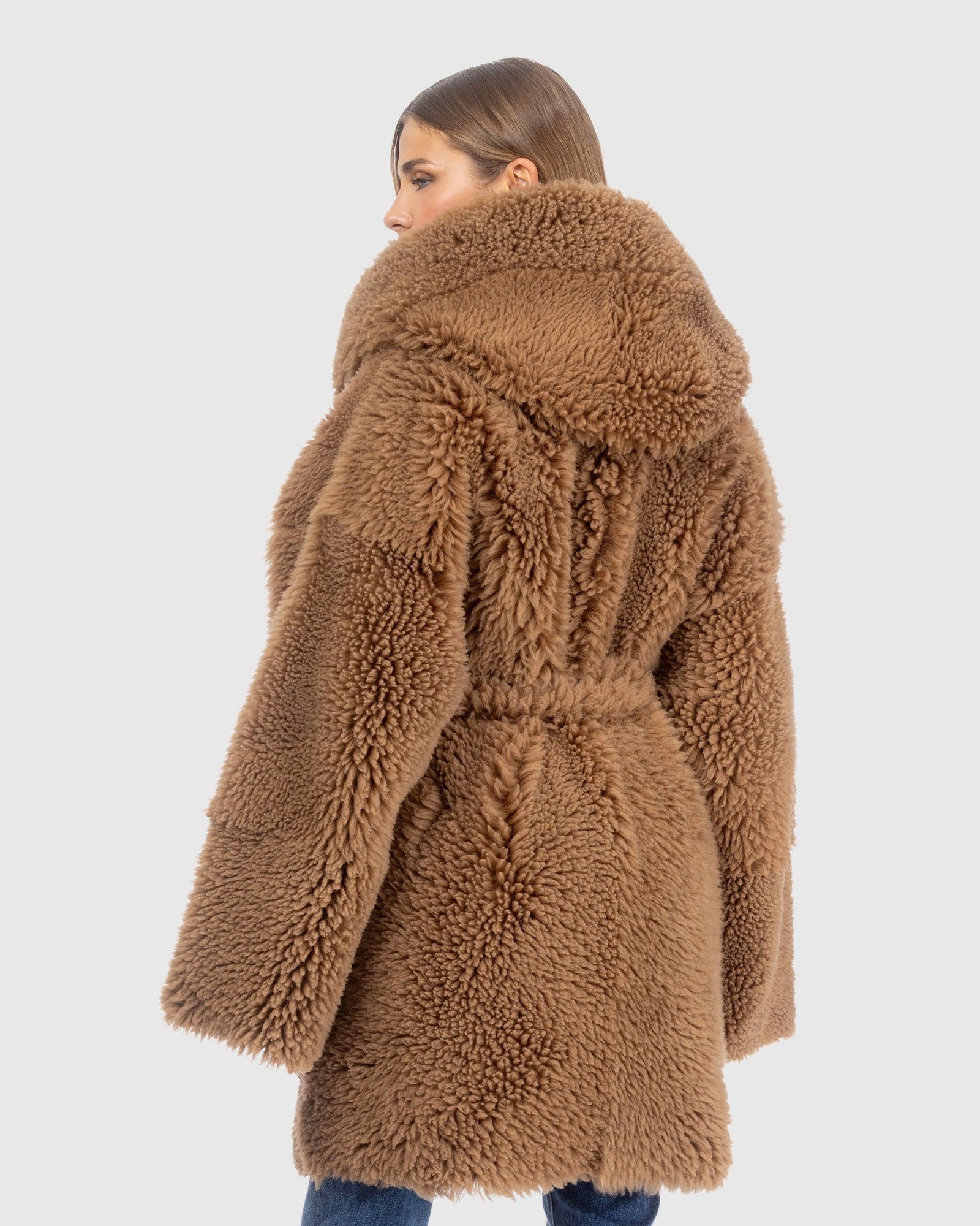 Curly Shearling Lamb Reversible Parka, Belt | Camel/Camel