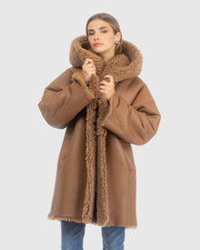 Curly Shearling Lamb Reversible Parka, Belt | Camel/Camel